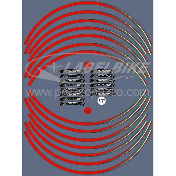 KIT BANDES ADHESIVES compatibles pour 17 JANTES MOTORCYCLE KAWASAKI Z1000 Rouge Stickers